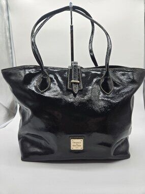 Dooney & Bourke Black Patent Leather Tote With Pink Interior & Gold Logo Plate
